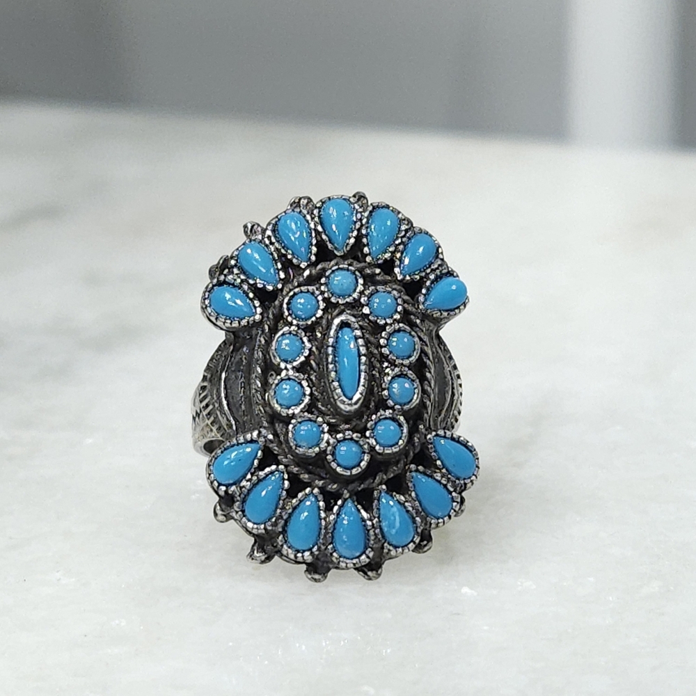 Vintage Sanford Nickel Silver Turquoise Zuni Style Petit Point Ring Adjustable